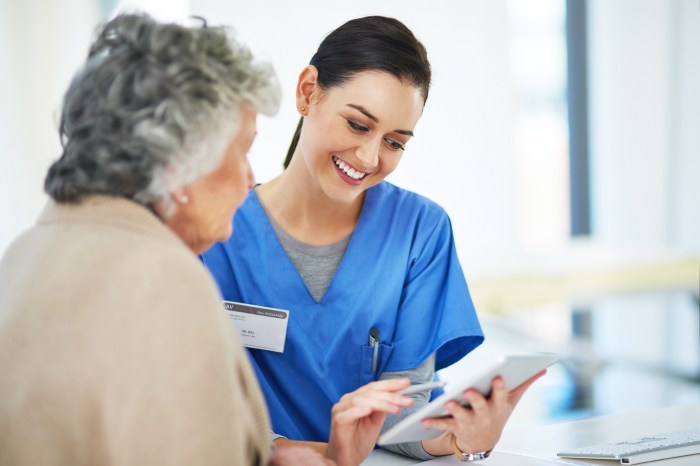 A nurse at an ophthalmology clinic is providing teaching